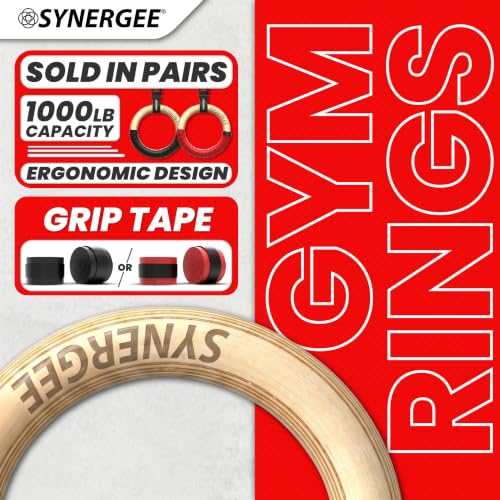 Synergee Wooden Gymnastic Rings with Numbered Straps & Carabiners – 1.25" Olympic Gym Rings for Pull Ups, Dips, Muscle Ups, Calisthenics & Home Gym Training