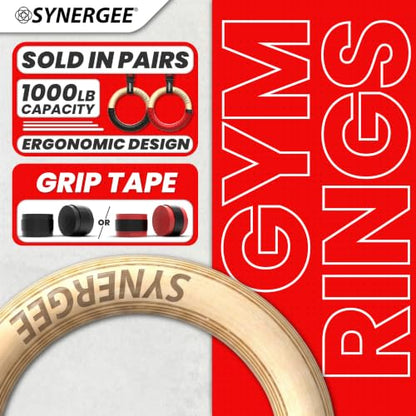 Synergee Wooden Gymnastic Rings with Numbered Straps & Carabiners – 1.25" Olympic Gym Rings for Pull Ups, Dips, Muscle Ups, Calisthenics & Home Gym Training