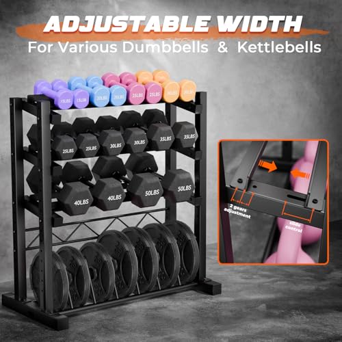 1100LBS Weight Rack for Home Gym, Upgraded 4-Tier Dumbbell Rack, Barbell Holder Bumper Plate Storage Rack with Adjustable Height & Width Design, Heavy Duty Weight Storage Organizer (Rack Only)