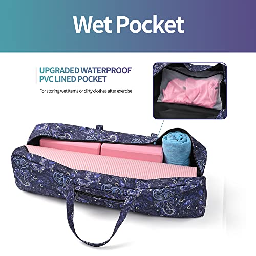| Yoga Mat Bag | Large Yoga Mat Carrier with Wet Pocket | Yoga Gifts | Gym Tote Bag for Women - color: Blue cashew flower