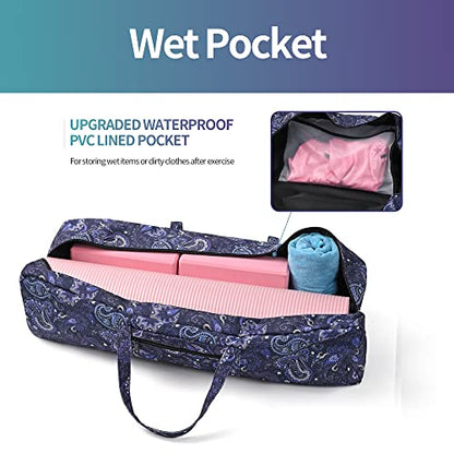 | Yoga Mat Bag | Large Yoga Mat Carrier with Wet Pocket | Yoga Gifts | Gym Tote Bag for Women - color: Blue cashew flower