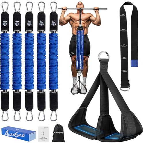 ALongSong Pull Up Assistance Bands with Foot Support Pedal - Upgraded Heavy Duty Resistance Bands Adjustable Weight/Height with Bands&Measured Strap for Strength Training Home Gym - color: Blue, size: 5 Bands with 80lbs
