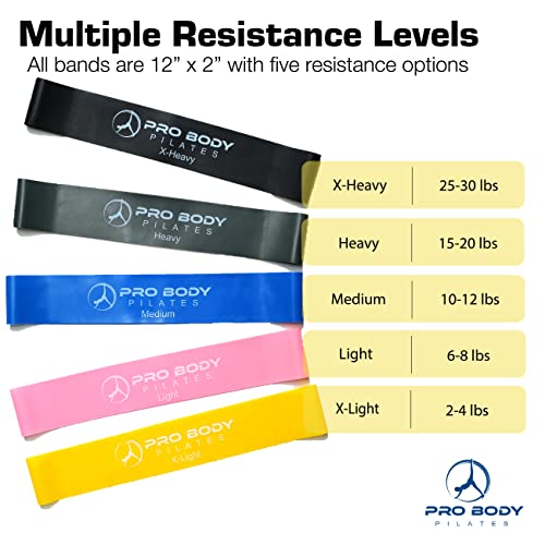 ProBody Pilates Loop Resistance Bands for Working Out, Set of 5 Exercise Bands Resistance, Workout Bands Resistance for Exercise, Small Physical Therapy Bands, 12" x 2"