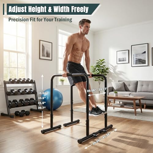 OLIXIS Dip Bar, Adjustable Heavy Duty Dip Bar Station with Soft High-Density Foam Handles, Stabilizer Parallel Parallette Bar Fitness Equipment for Home, Gym, Patio, Office - Black