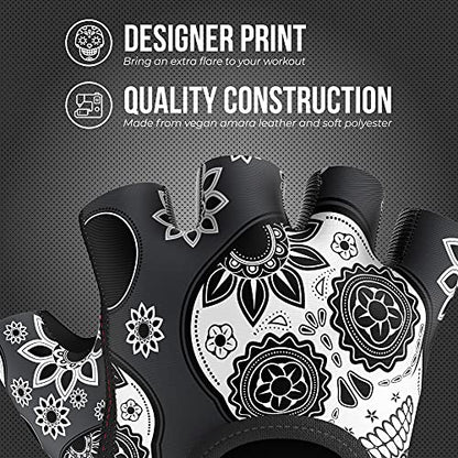 Contraband Pink Label 5237 Womens Designer Workout Gloves | Sugar Skull Print w/Grip-Lock™ Padding (Gray, X-Small) - color: Gray, size: X-Small