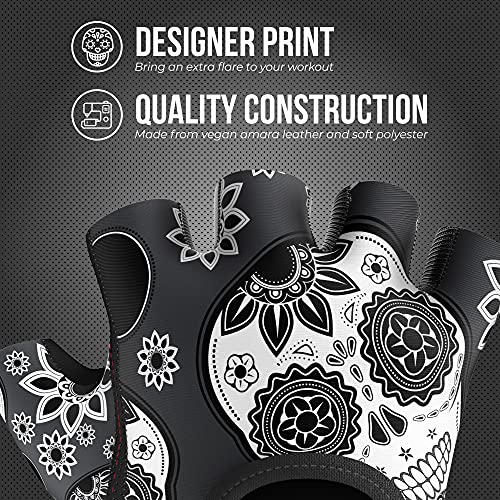 Contraband Pink Label 5237 Womens Designer Workout Gloves | Sugar Skull Print w/Grip-Lock™ Padding (Gray, Medium) - color: Gray, size: Medium