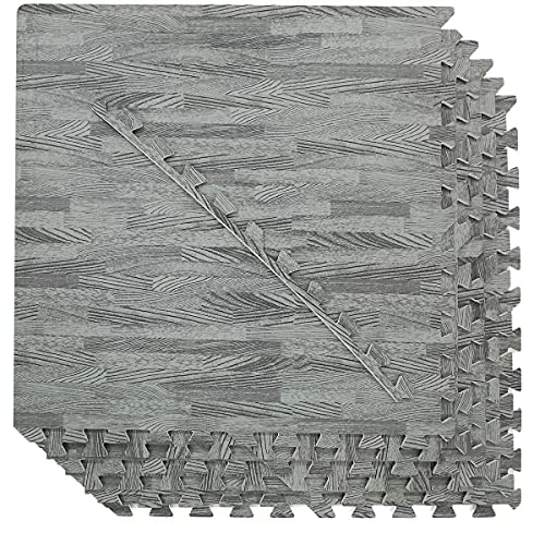 100 Sq. Ft 3/8 Inch Thick Printed Foam Tiles Interlocking Foam Mat, Sea Haze Grey Wood Grain Style Print, (24"x24", 25 pcs), Protective Flooring for Home, Exercise or Trade Show