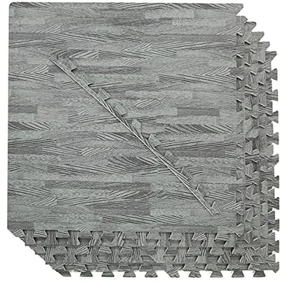 100 Sq. Ft 3/8 Inch Thick Printed Foam Tiles Interlocking Foam Mat, Sea Haze Grey Wood Grain Style Print, (24"x24", 25 pcs), Protective Flooring for Home, Exercise or Trade Show