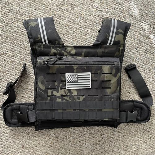 KRYLIX Adjustable Weighted Vest 0-40 lbs with Front Storage Pocket Solid Removable Iron for Muscle Building Workout Secure Waist Fit for Men Man Camo Tactical Military - color: Camo