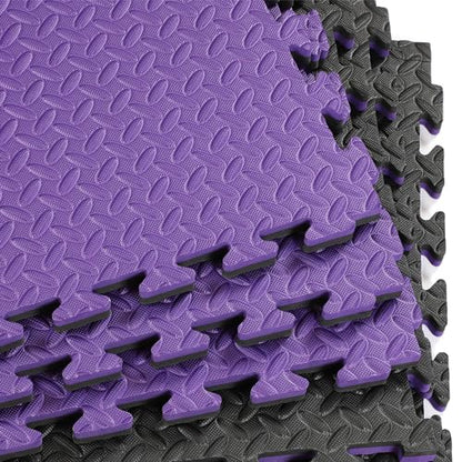 1" Extra Thick 48 sq ft Reversible EVA Gym Foam Floor Mat Tiles (24" x 24"), Steel Pattern, 12 pcs, Black/Purple