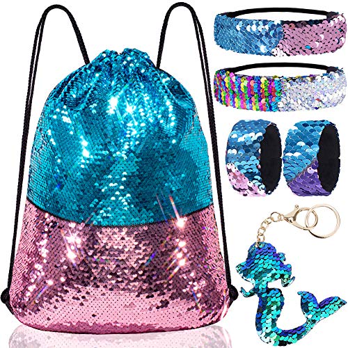 GA&EN Mermaid Reversible Sequin Drawstring Backpack, Blue/Pink Dance Bag for Girls Kids with Headband Keychain Bracelet for Christmas Gift Princess Dress Up Clothes Costume Party Birthday - color: 2-blue/Pink