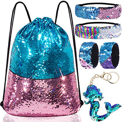 GA&EN Mermaid Reversible Sequin Drawstring Backpack, Blue/Pink Dance Bag for Girls Kids with Headband Keychain Bracelet for Christmas Gift Princess Dress Up Clothes Costume Party Birthday - color: 2-blue/Pink