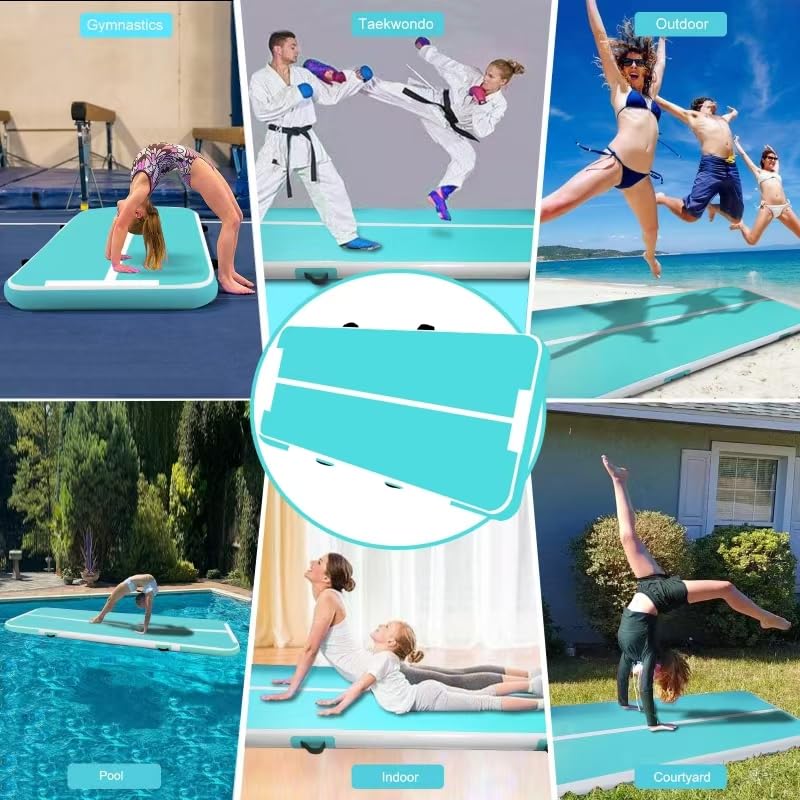 Inflatable Air Gymnastics Mat Training Mats 4 inches Thickness Inflatable Gymnastics Tracks With Pump For Home Use/Training/Cheerleading/Yoga/Water - color: Green+White