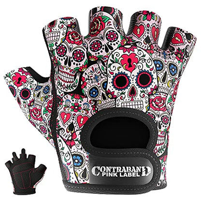 Contraband Pink Label 5237 Designer Series Workout Gloves for Women | Sugar Skull Print Weight Lifting Gloves for Women w/Grip-Lock Padding | Gym Gloves for Women w/Medium Padding (White, Large)