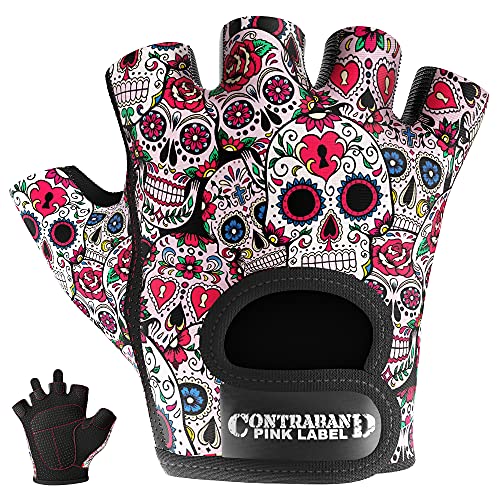 Contraband Pink Label 5237 Designer Series Workout Gloves for Women | Sugar Skull Print Weight Lifting Gloves for Women w/Grip-Lock Padding | Gym Gloves for Women w/Medium Padding (White, Large)