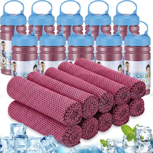 Honoson 10 Pcs Cooling Towels with Bottle, 47 x 12 in, Rose Red - color: Rose Red