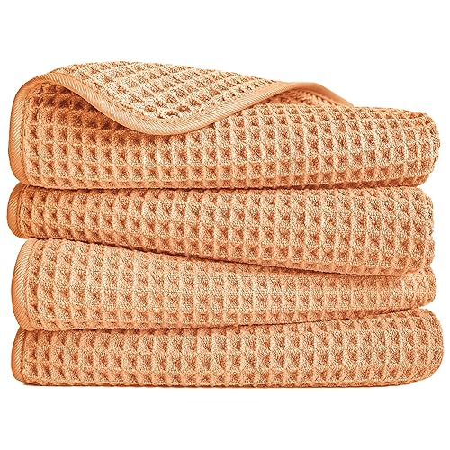 POLYTE 430 GSM Poly Blend Microfiber Quick Dry Waffle Hand Towel, 16x30 in - color: Orange