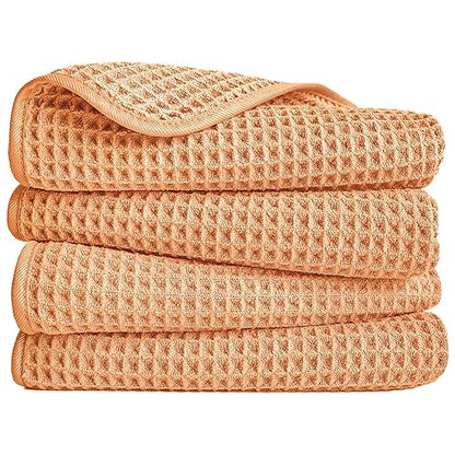 POLYTE 430 GSM Poly Blend Microfiber Quick Dry Waffle Hand Towel, 16x30 in - color: Orange