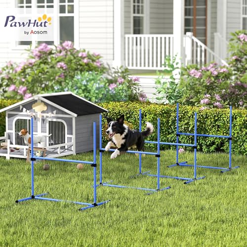 PawHut 4 Piece Dog Agility Training Equipment for Dog Agility Course with Adjustable Height Jump Bars, Included Carry Bag, & Displacing Top Bar, Blue
