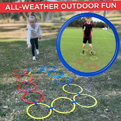 12 Hopscotch Rings, 3 Bean Bags, 25+ Games Guide, Obstacle Course for Kids