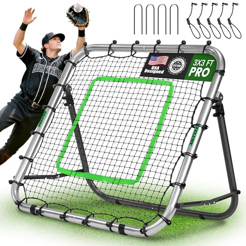 Portable Pro Rebounder Baseball Softball 3' x 3' Foldable Heavy Duty Pitch Back Bounce Trainer Adjustable Dual Rebound Modes (Predictable and Random)