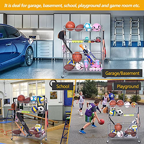 Kinghouse Rolling Sports Equipment Organizer with Wheels, Garage Ball Storage Rack for Basketball, Toys, for Garage, Indoor, Gym, Outdoo, Includes Metal Storage Bin, Bat Holder, Hooks