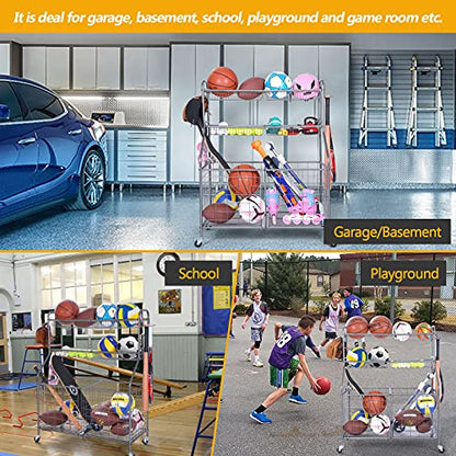 Kinghouse Rolling Sports Equipment Organizer with Wheels, Garage Ball Storage Rack for Basketball, Toys, for Garage, Indoor, Gym, Outdoo, Includes Metal Storage Bin, Bat Holder, Hooks