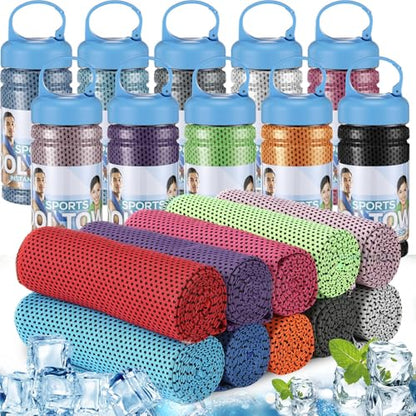 Honoson 10 Pcs Cooling Towels with Bottle, 47 x 12 in, Mixed Colors - color: Mixed Colors