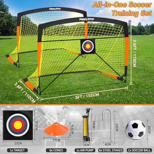 Happy Jump 7x5' & 5x3.6' Portable Soccer Goals for Kids Ages 6-14, Weatherproof Net and Steel Frame for Backyard Fun and Outdoor Training, Quick Setup and Sturdy for All Weather Conditions