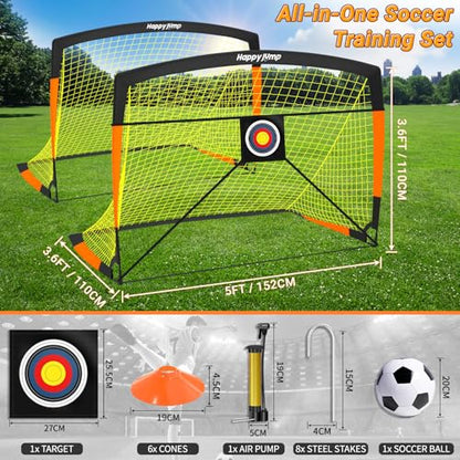 Happy Jump 7x5' & 5x3.6' Portable Soccer Goals for Kids Ages 6-14, Weatherproof Net and Steel Frame for Backyard Fun and Outdoor Training, Quick Setup and Sturdy for All Weather Conditions