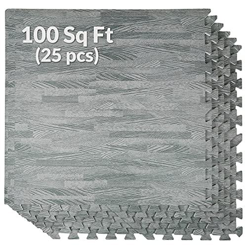 100 Sq. Ft 3/8 Inch Thick Printed Foam Tiles Interlocking Foam Mat, Sea Haze Grey Wood Grain Style Print, (24"x24", 25 pcs), Protective Flooring for Home, Exercise or Trade Show