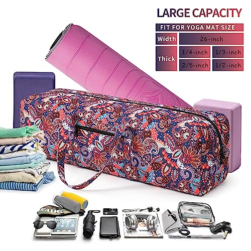 | Yoga Mat Bag | Large Yoga Mat Carrier with Wet Pocket | Yoga Gifts | Gym Tote Bag for Women - color: Navy cashew flower