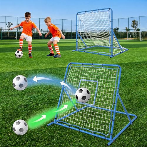 IDEALHOUSE 2-in-1 Soccer Rebounder Net and Goal, 4x4 FT Bounce Back Trainer with 3 Adjustable Angles, Durable Steel Frame, Portable Practice Equipment for Youth & Adults, Blue