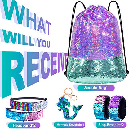GA&EN Mermaid Reversible Sequin Drawstring Backpack/Bag Iridescent Dotted Dark SeaGreen/Purple for Kids Girls - color: 14-iridescent Dotted Dark Seagreen/Purple