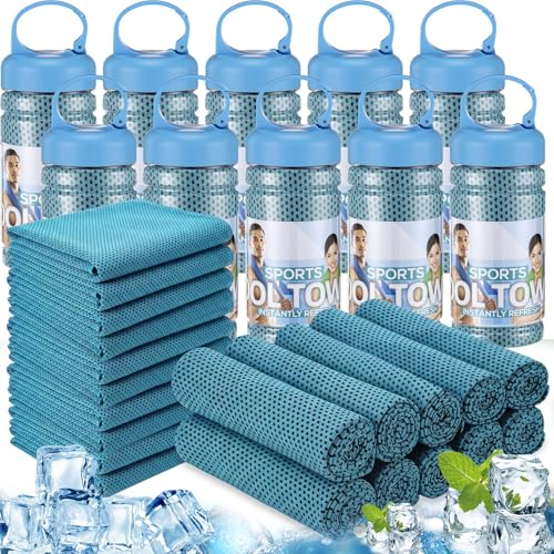 Honoson 20 Pcs Cooling Towels for Neck and Face, 47"x12" Sports Breathable Ice Towels Microfiber Chilly Sweat Rags with Portable Bottle for Gym Golf Athletes Yoga Workout Hot Weather (Light Blue) - color: Light Blue