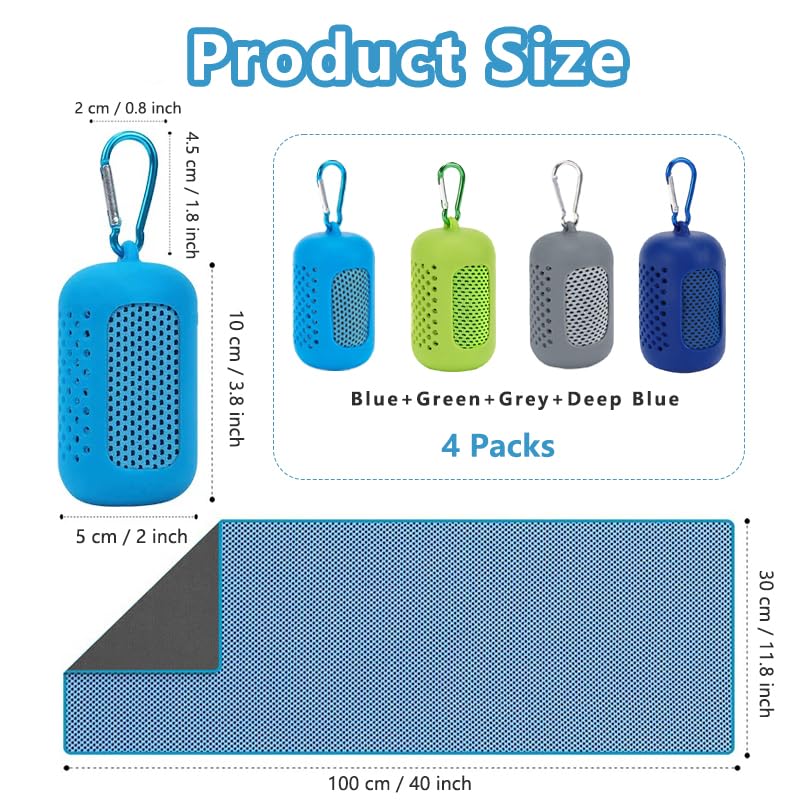 4 Pack Cooling Towels (40"x12"), Microfiber Chilly Towels Soft Breathable Gym Ice Towel for Workout, Yoga, Sport, Silicone Set Travel Sweat Towels Fast Drying Lightweight Cooling Neck Wraps - color: Blue/Green/Grey/Deep Blue