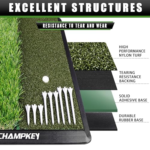 CHAMPKEY Dual-Turf Golf Hitting Mat | Come with 9 Golf Tees & 1 Rubber Tee | Heavy Duty Rubber Backing Golf Practice Mat Ideal for Indoor & Outdoor Training
