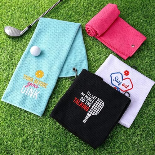 4 Pcs Pickleball Towels, Microfiber Embroidered Waffle Athletic Towel 16" x 24" with Clip Pickleball Fan Accessories for Women Men Ball Gifts Gym Towels