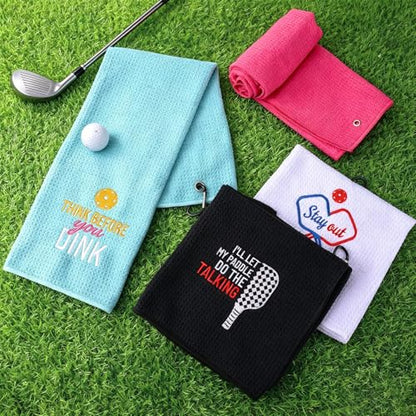 4 Pcs Pickleball Towels, Microfiber Embroidered Waffle Athletic Towel 16" x 24" with Clip Pickleball Fan Accessories for Women Men Ball Gifts Gym Towels