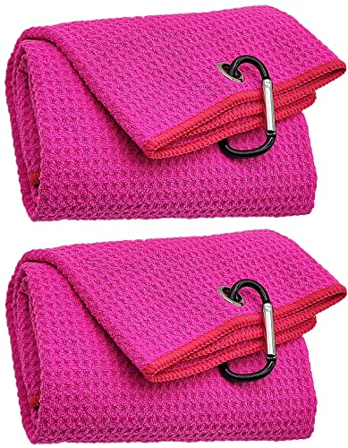 2 Pack Tri-fold Golf Towel Set, Microfiber Fabric Waffle Pattern Towels, Outdoor Sports Towels Heavy Duty Carabiner Clip (Pink x2)