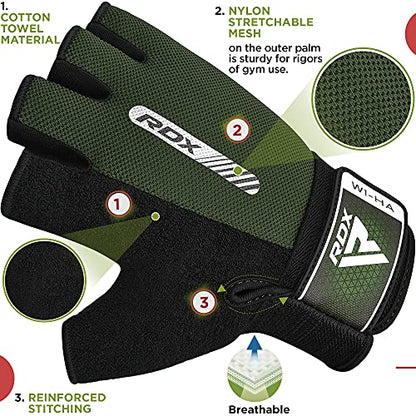 RDX Weight Lifting Gloves Gym Fitness Workout, Anti Slip Padded Full Palm Protection, Ultra Ventilated, Bodybuilding Strength Training HIIT WOD Exercise, Half Finger Men Women Cycling Rowing Climbing - color: Army Green, size: Small