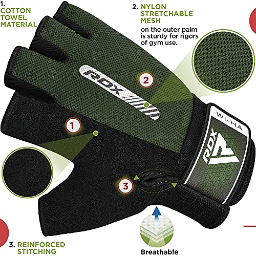 RDX Weight Lifting Gloves Gym Fitness Workout, Anti Slip Padded Full Palm Protection, Ultra Ventilated, Bodybuilding Strength Training HIIT WOD Exercise, Half Finger Men Women Cycling Rowing Climbing - color: Army Green, size: Medium