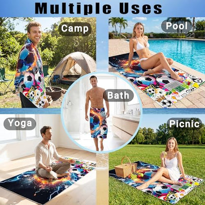 Large Soccer Beach Towel - 71" x 35" Oversized Microfiber Sand Free Quick Dry Absorbent Compact Sports Beach Towel for Pool Travel Gym Bath Camping - Cool Soccer Fan Gift for Men Women Summer Vacation