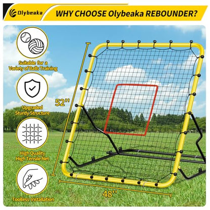 48" x 52" Baseball & Softball Rebounder Net with 3 Adjustable Angles - Pitch Back Rebound - Bounce Back Return Net - Fielding Trainer with Carry Bag - Super Stable & Easy Set Up (Yellow, Small)