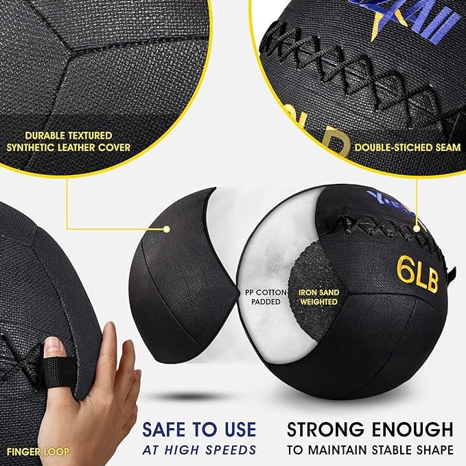 Yes4All Wall Ball, Soft Leather Weighted Iron Sand Ball for Dynamic Multifunctional Exercise, 6 LB - 30 LB - color: A. Black, style: A. 6LB
