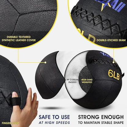 Yes4All Wall Ball, Soft Leather Weighted Iron Sand Ball for Dynamic Multifunctional Exercise, 6 LB - 30 LB - color: A. Black, style: A. 6LB