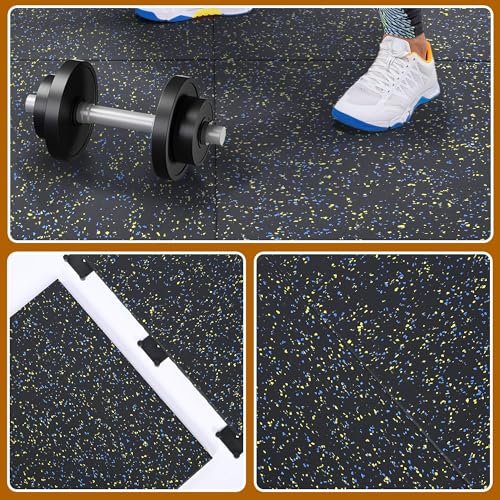 tonchean 1" Thick Rubber Exercise Equipment Mats, 4 Pack Anti-Vibration Gym Floor Tiles 20" x 20'', Non-Slip Sound Absorbing Gym Mats, Interlocking Tiles with 12 Pcs Buckles, for Fitness Equipment