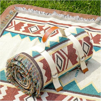 2 in 1 Extra Large Outdoor Rug Picnic Mat Woven Summer Throw Blanket Boho Giant Beach Travel Essential Yoga Accessories Park Patio Lawn Garden Grass Ground Play Music Festival Concert Must Have - color: Boho Beige