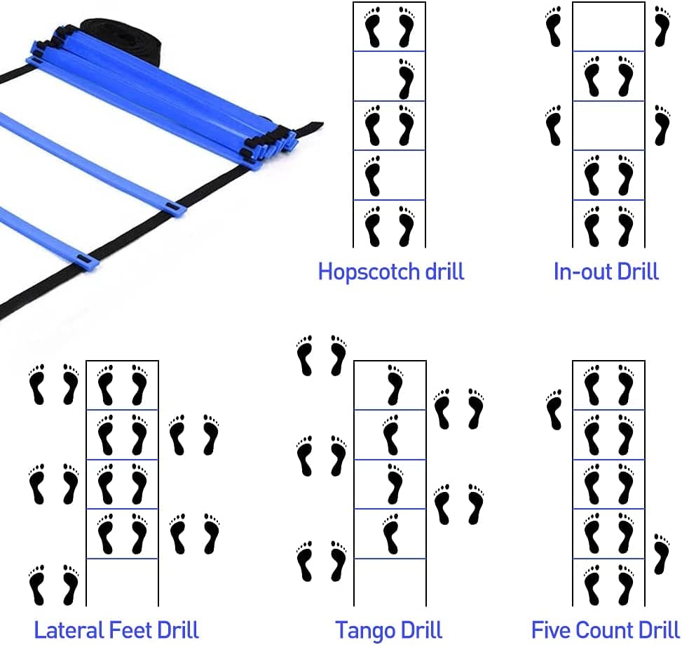 Speed & Agility Ladder Training Equipment Set, Includes 12 Rung 20ft Agility Ladder, 4 Agility Hurdles,12 Disc Cones, 1 Resistance Parachute for Training Football Soccer Basketball Athletes