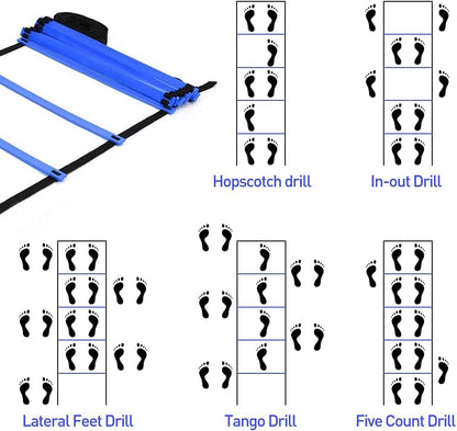 Speed & Agility Ladder Training Equipment Set, Includes 12 Rung 20ft Agility Ladder, 4 Agility Hurdles,12 Disc Cones, 1 Resistance Parachute for Training Football Soccer Basketball Athletes